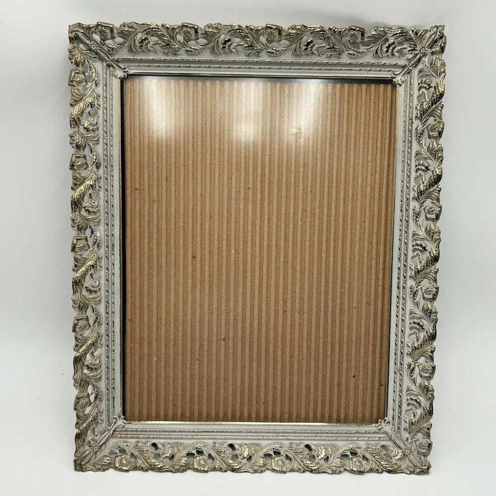 Ornate Picture Frame White Gold Floral Scrollwork 11x14 Wall Hang VTG Filigree